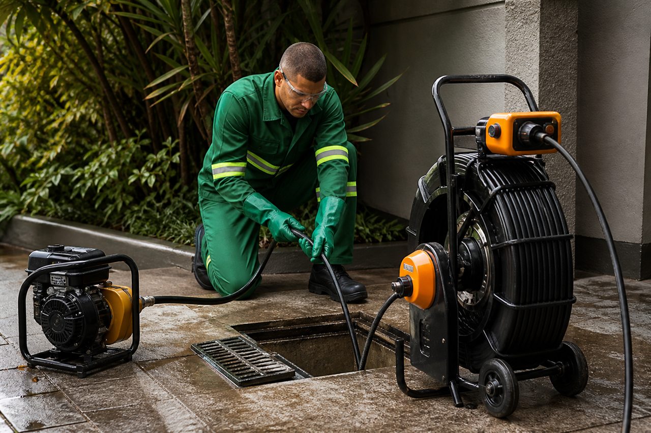 Técnico atendendo uma rede de esgoto com equipamento profissional