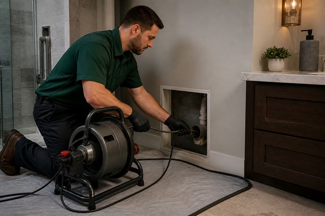 Técnico desobstruindo cano e encanamento com máquina rotativa