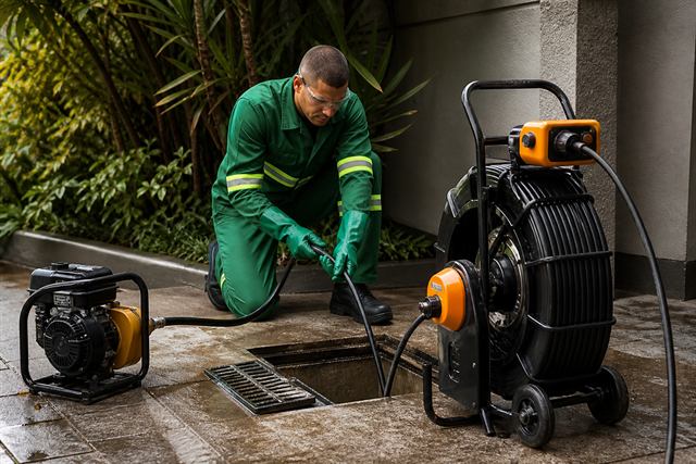 Técnico atendendo uma rede de esgoto com equipamento profissional