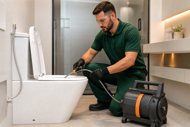 Técnico realizando desentupimento profissional de vaso sanitário